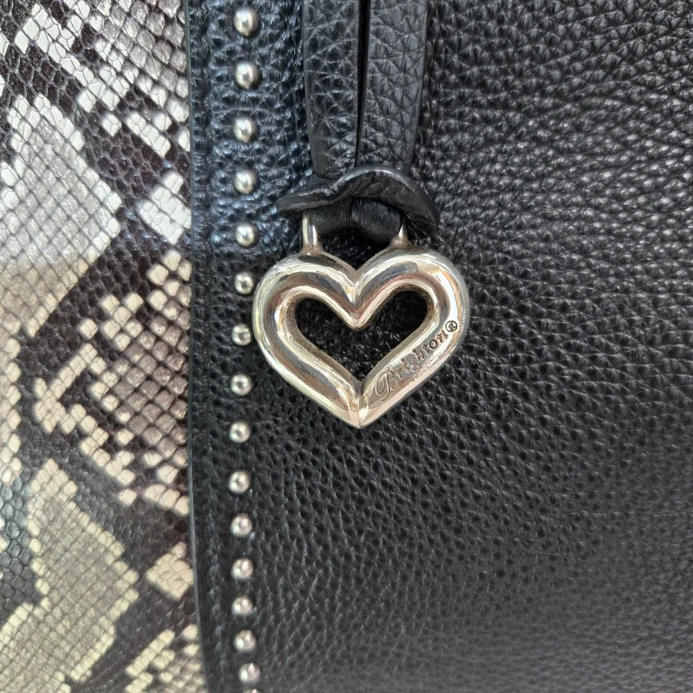 Brighton Tote Bag‎ Black Snakeskin Studded Leather Heart Charm Crossbody